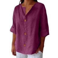 Camiseta de verano "Mujer 2025 con cuello en V, lino y algodón, holgada y transpirable, estilo boho-chic - Moda informal y elegante" "Mujer con cuello en V, algodón, transpirable, - Moda" - details 47