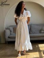Vestidos elegantes de algodón blanco para mujer, ropa de manga corta con cuello en V y cordones, holgada hasta el tobillo, verano - details 13