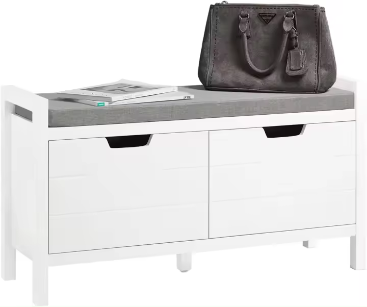 Banco Zapatero con 2 Puertas con Rayas Verticales Armario Multifuncional para Entrada con Cojín Acolchado 91 x 30 x 50 cm Blanco - 1