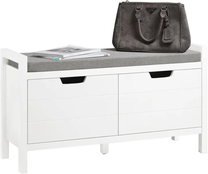 Banco Zapatero con 2 Puertas con Rayas Verticales Armario Multifuncional para Entrada con Cojín Acolchado 91 x 30 x 50 cm Blanco - 1