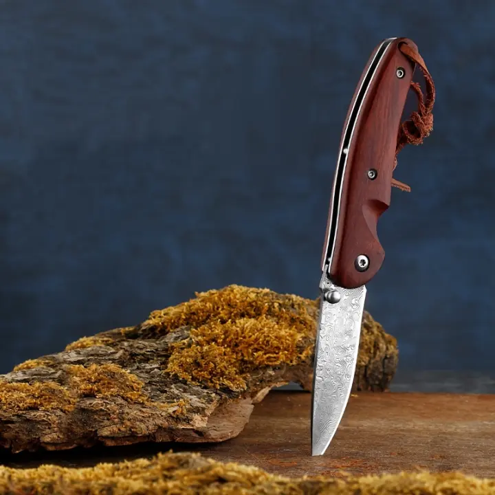 Cuchillo plegable de hoja forjada de Damasco para camping y supervivencia multifuncional EDC, cuchillo de bolsillo de emergencia. - 1