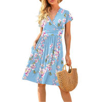 Ropa de mujer europea y americana de manga corta estampado de bolsillo de longitud media vestido - details 5