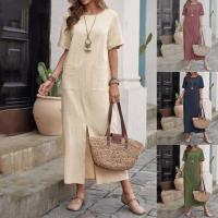 Summer New Cotton and Linen Solid Color Loose Round Neck Short Sleeved Dress - details 1