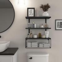 Bath Wall Towel Storage Holder Set Above Toilet, Rolled Towel Shelf Organizer for Small Bathroom Black Wood Vertical Towel Rack - details 1
