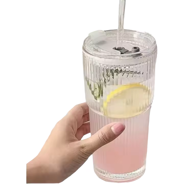 Taza De Café De Vidrio JIRO 600ML Con Estampado Rayado Y Palito, Tapa Incluida Para Agua Café Té Claro Utensilios De Cocina - 1