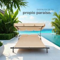 Tumbona Doble de Jardín, Tumbona de Playa con Sombrilla Plegable, Tumbona de Piscina para Dos, Tumbona de Jardín Exterior con 2 Ruedas y Cojines, Fácil Montaje, Interior y Exterior - Negro/Negro - details 15