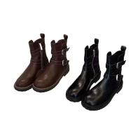 Nuevas botas cortas de longitud media alta con cordones de otoño e invierno, tacones gruesos para mujer, zapatos con hebilla de cuero de metal - details 5