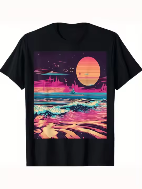 Camiseta Gráfica de Ondas de Neón de Playa Espacial Vintage Cuello Redondo Manga Corta - 1