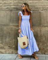 Vestido largo elegante a cuadros para mujer, vestido largo sin tirantes con volantes y espalda descubierta, plisado, cintura elástica, bohemio, para fiesta, holgado - details 4