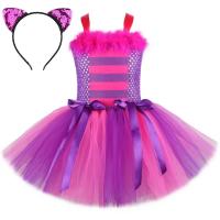 en el país de las Maravillas Cheshire gato niñas tutú vestido rosa caliente púrpura dibujos animados tul niñas vestido de fiesta niños Halloween Cosplay - details 1