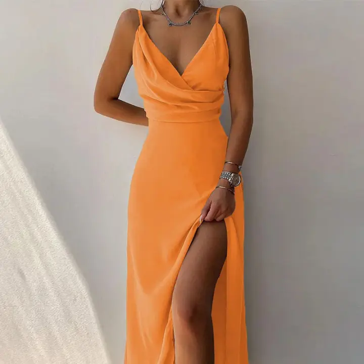 Vestido formal de fiesta en la playa sexy con escote en V y espagueti estampado para mujer con abertura lateral y cuello - 1