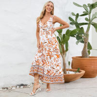 Vestidos largos bohemios para mujer, cuello en V, sin mangas, cintura alta, Maxi, estampado naranja, playa, S - details 3