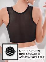Sujetador deportivo de alto soporte para mujer, tejido de punto de poliéster de color liso, detalle de malla de contraste, sin relleno, ideal para yoga y gimnasio, estilo lencería de verano - details 14