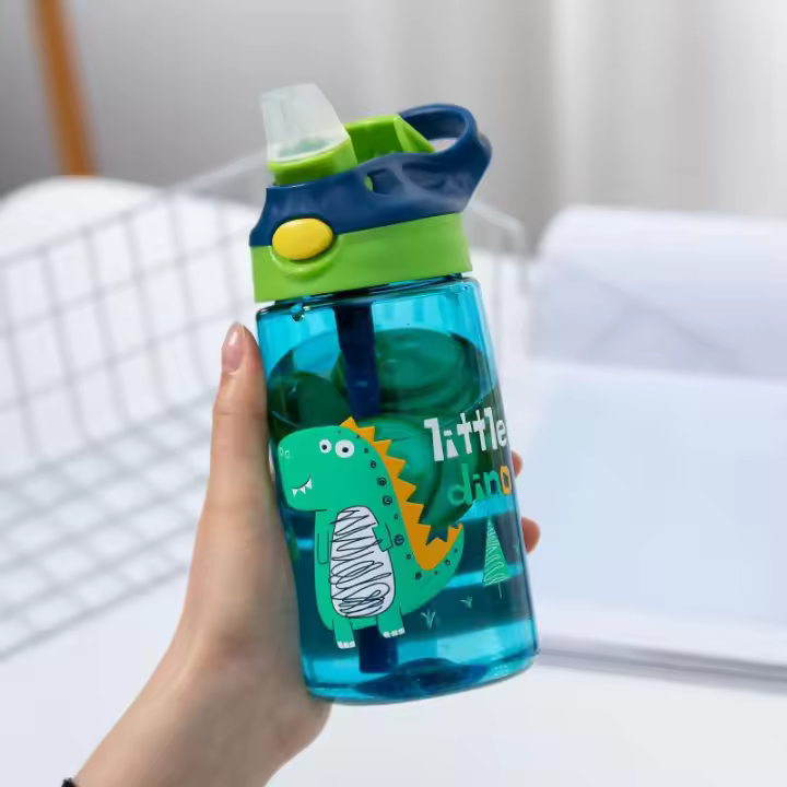 Tapa a prueba de fugas de agua y niños de silicona de paja, taza linda de dibujos animados de dinosaurio, tapa de botella portátil escolar sin BPA, taza, - 1