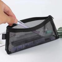 Gris negro maquillaje malla grande transparente bolsas para brochas cosméticas estudiantes Color sólido cremallera estuche de lápices de nailon - details 4