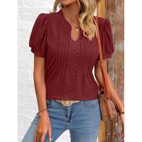 Camiseta holgada de Color sólido de manga corta con cuello en V para mujer a la moda de estilo coreano para verano - details 10