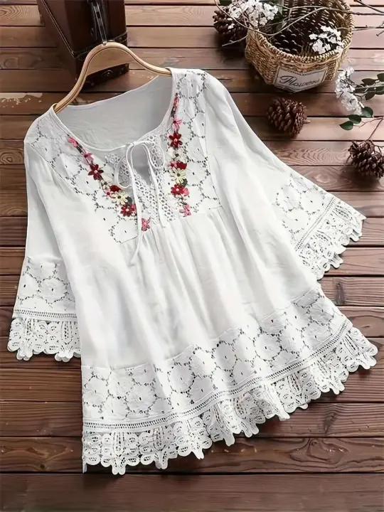 Blusa bordada sofisticada: cuello redondo, estilo vintage otoño/primavera, mezcla de algodón cómoda - 1