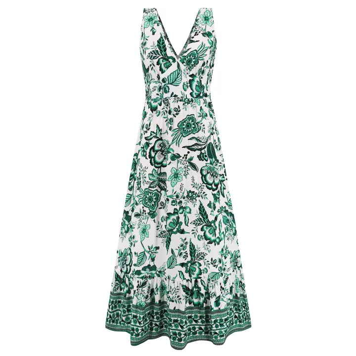 Vestidos largos bohemios para mujer, cuello en V, sin mangas, cintura alta, Maxi, estampado verde, Playa - 1