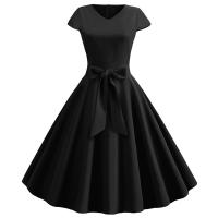 Women summer vintage with belt short sleeve v neck elegant retro swing party dresses - details 38
