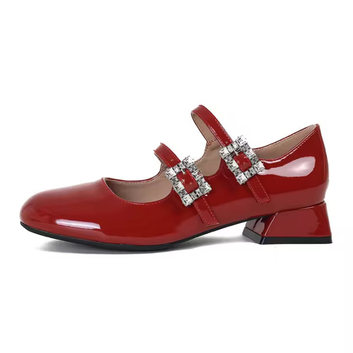 Zapatos Mary Jane de cuero con hebilla cuadrada de imitación de diamantes y tacón grueso - 1