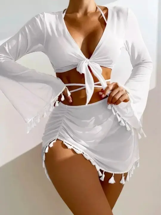 Conjunto de Bikini bohemio para mujer, traje de baño Sexy de 4 piezas, Top con falda, ropa de playa, fiesta y playa - 1