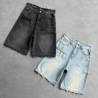 Pantalones Cortos de Denim Rasgados Estilo Hip Hop Verano Negro, Diseño Relajado Callejero Vintage con Borde Raw - details 0
