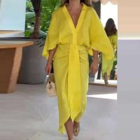 2025 mujeres banquete cuello en V Oficina verano manga larga cintura alta fiesta Casual Color sólido Tie-up vestido femenino - details 0