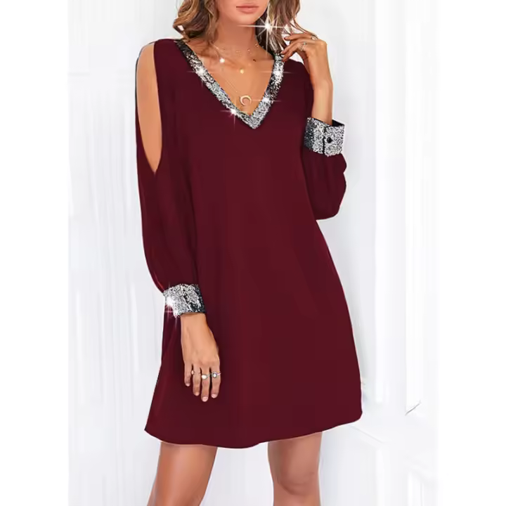 vestido con cuello en v para mujer vestidos casuales de manga larga - 1