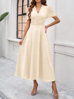 Primavera Verano elegante cintura con cuello en V Color sólido vestido de manga corta moda mujer - details 22