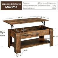 Mesa de Café Elevable y Extensible con Revistero 98x50x(41,8-56) cm Mueble para Sala de Estar y Comedor - details 38