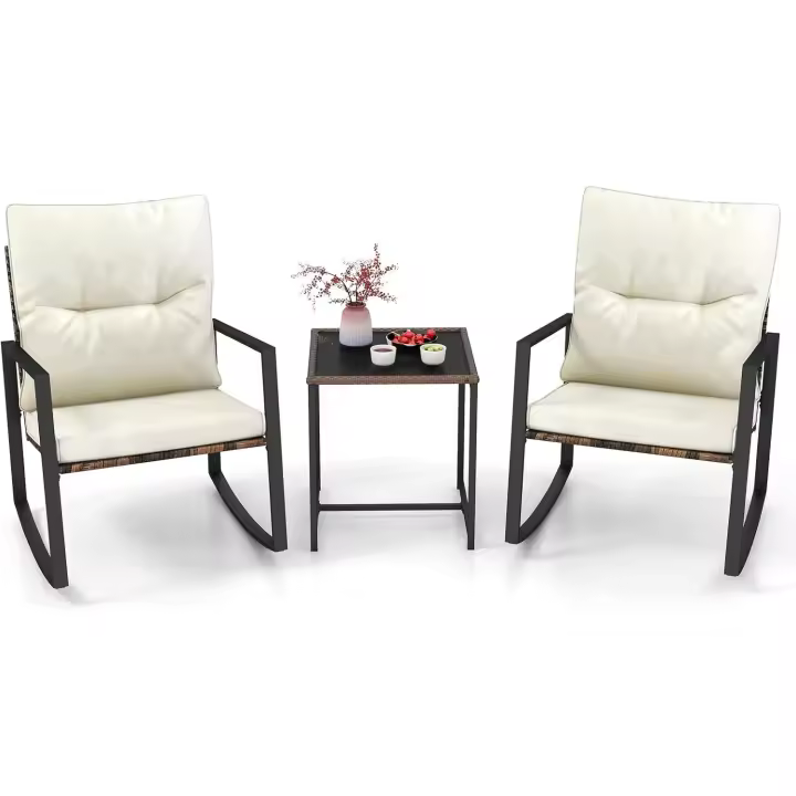 Conjunto Jardin Exterior de Mimbre 3 Piezas, 2 Sillas Mecedoras, 1 Mesa de Centro de Vidrio Templado, Cojines, Conjunto Mesa y Sillas Jardin, Muebles Jardin Exterior Terraza Balcon - 1