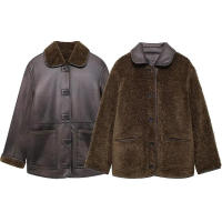 TRAFZA-abrigos reversibles para mujer, chaquetas marrones de manga larga con cuello vuelto y bolsillos, de una sola botonadura, a la moda, para invierno, 2024 - details 1