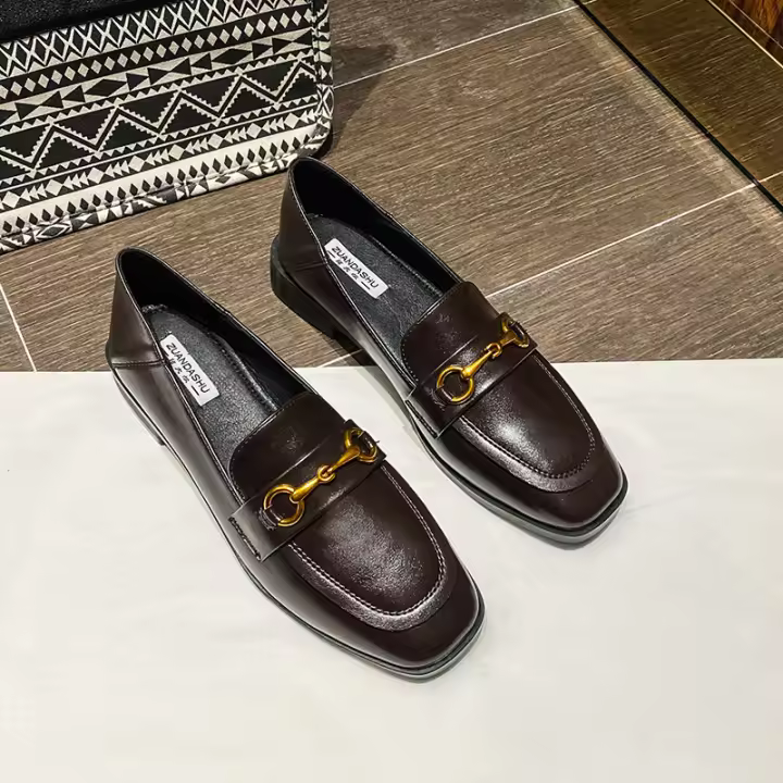 Zapatos pequeños de piel para mujer, mocasines planos único negro, Inglés wind - 1