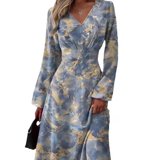 Vestido de manga larga con cuello en V y estampado de moda ajustado nuevo de otoño grande y cintura alta ral para mujer - 1