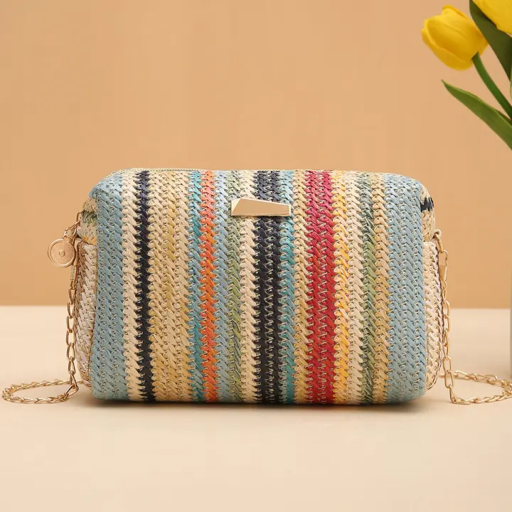 Verano 2025 Bolso bandolera tejido de paja con bloques de colores, bolso de hombro informal de moda, bolso de cadena para mujer, bolso cuadrado de moda para vacaciones en la playa, bolsos cruzados, bolsos únicos - 1
