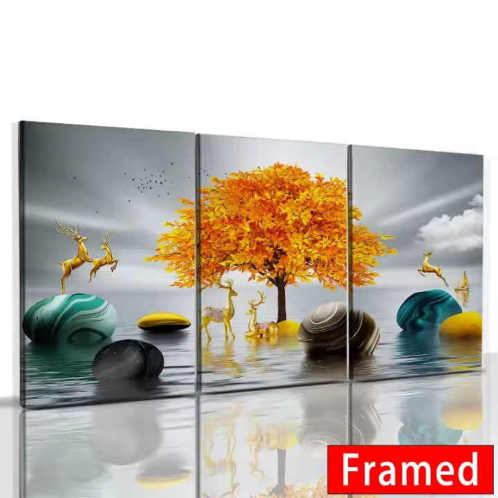Cuadro de Paisaje Natural 3PCS en Lienzo con Marco Floral Abstracto Hojas Póster Nórdico para Sala de Estar Decoración del Hogar Imagen de Pared Estilo Luz y Decoración - 1