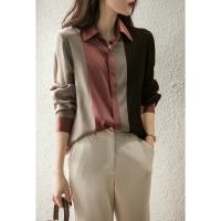 Blusa De Satén Para Mujer 2024 Cuello Polo Manga Larga Vintage Elegante Suéter Abierta Completa Ropa Casual De Oficina - details 4