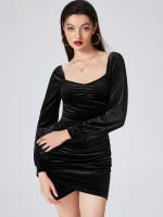 Mujer de cuello cuadrado temperamento vestido de moda de manga larga burbuja vestido de fiesta de terciopelo de manga larga a - details 3