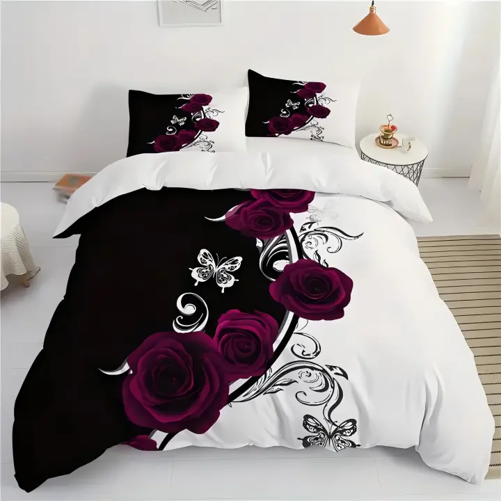 Funda de Edredón de Floral 3D Diseño de Mariposa Blanca y Flor Morada Material de Poliéster para Ropa de Casa de Lujo - 1