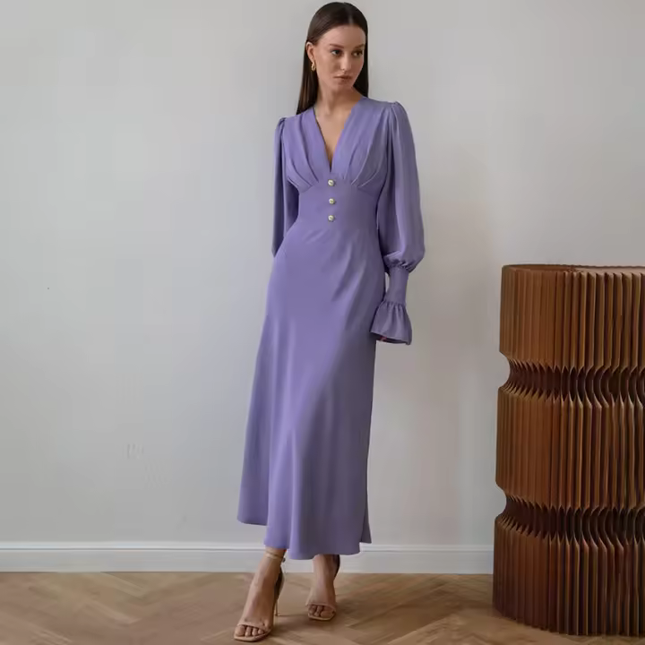 Manga farol francés Dre cuello en V Slim Fit Otoño Invierno nuevo estilo elegante mujer - 1