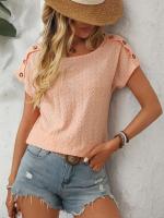 Camiseta de manga corta con botones y cuello redondo para mujer, Top hueco, Color sólido, novedad de primavera y verano 2025 - details 3