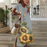 Elegante Vestido de Media Lengua Floral de Girasol Talla Grande para Mujeres Manga Corta - details 9