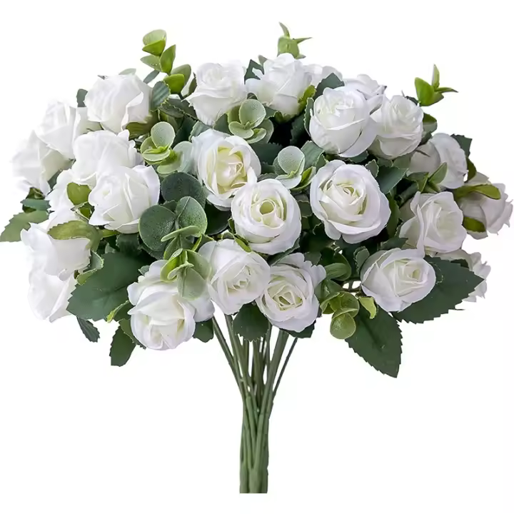 10 cabezas de flores artificiales de seda, rosas blancas, hojas de eucalipto, ramo de peonías, flores falsas para mesa de boda, jarrón para fiesta, decoración del hogar - 1