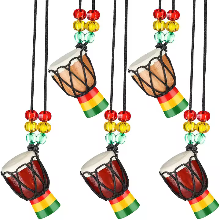Collares de instrumentos de 5 piezas, Mini colgante de tambor Djembe, collar de madera de Tambor Africano, tambores y percusión - 1