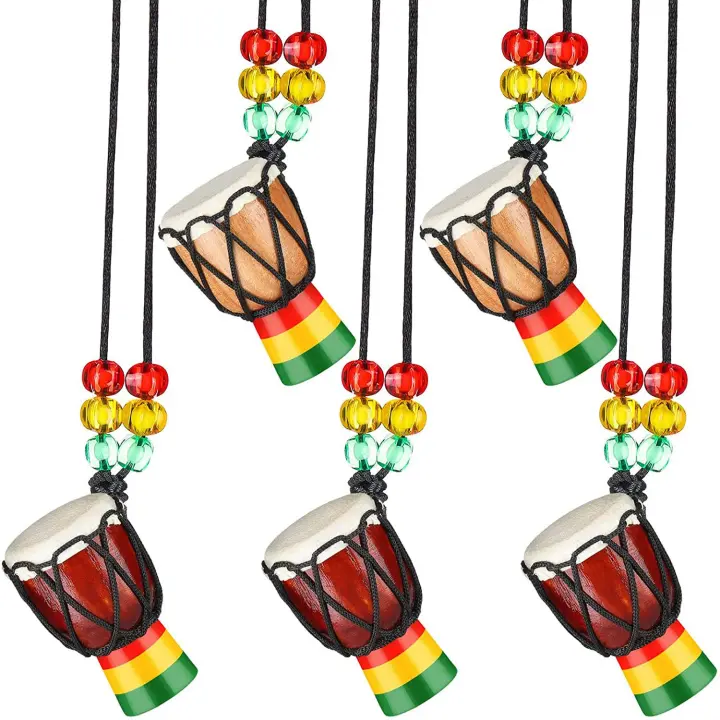 Collares de instrumentos de 5 piezas, Mini colgante de tambor Djembe, collar de madera de Tambor Africano, tambores y percusión - 1