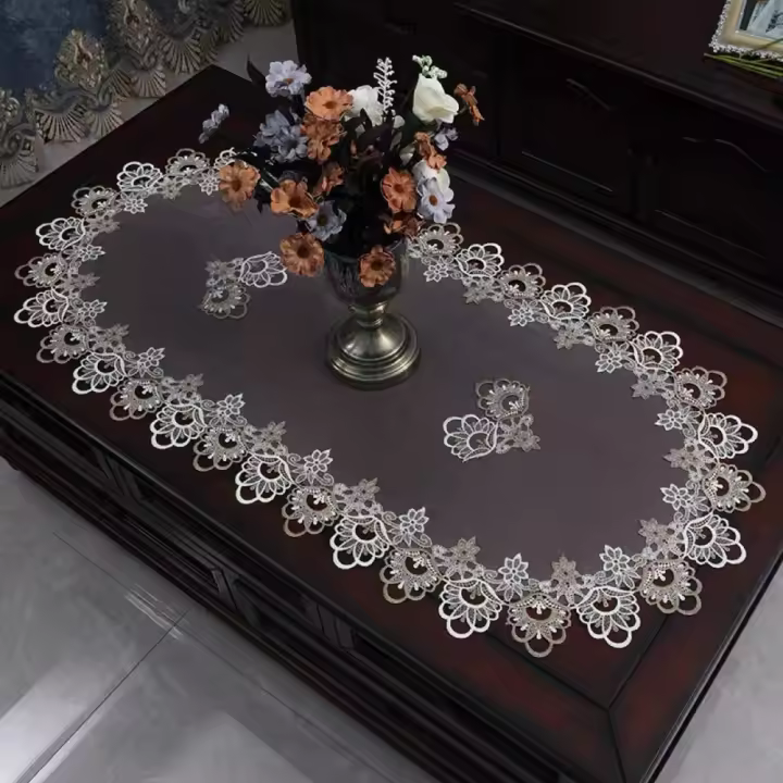 Mantel de encaje ovalado con bordado de flores, cubierta para mesa de té a prueba de aceite Vintage, mantel individual exquisito de Dacron para mesa de centro y sala de estar - 1