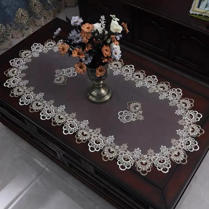 Mantel de encaje ovalado con bordado de flores, cubierta para mesa de té a prueba de aceite Vintage, mantel individual exquisito de Dacron para mesa de centro y sala de estar - 1
