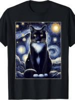 El gatito cremoso bajo el cielo estrellado 1 pieza, 100% algodón, camiseta lavada estampada, camiseta casual de temporada para hombres, camiseta de algodón de cuello redondo de manga corta, regalo de Navidad. - details 0
