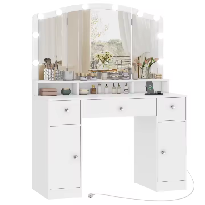 Tocador de Maquillaje Moderno con LED 10, Espejos Plegables y Cajones Ideal para Mujer, Dormitorio, Blanco - 1