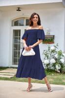 Vestido de manga corta fruncido con cuello cuadrado y espalda descubierta a la moda para mujer - details 30